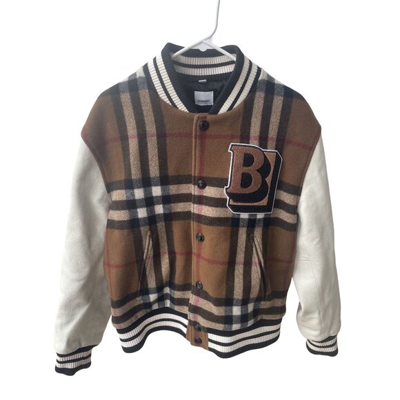 Burberry Wool & Leather Varsity Jacket With Plaid Design & Logo Patch - Picture 1 of 15